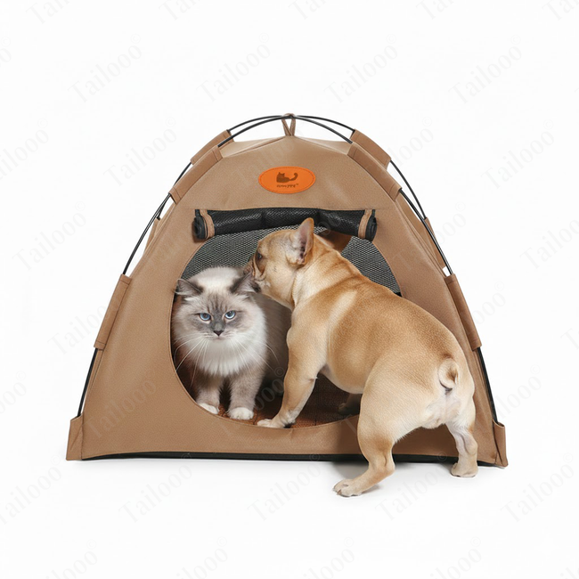 Detachable Foldable Pet Tent Bed – Breathable Fabric Cat & Dog Bed for Indoor & Outdoor Use（Brown） Main Image