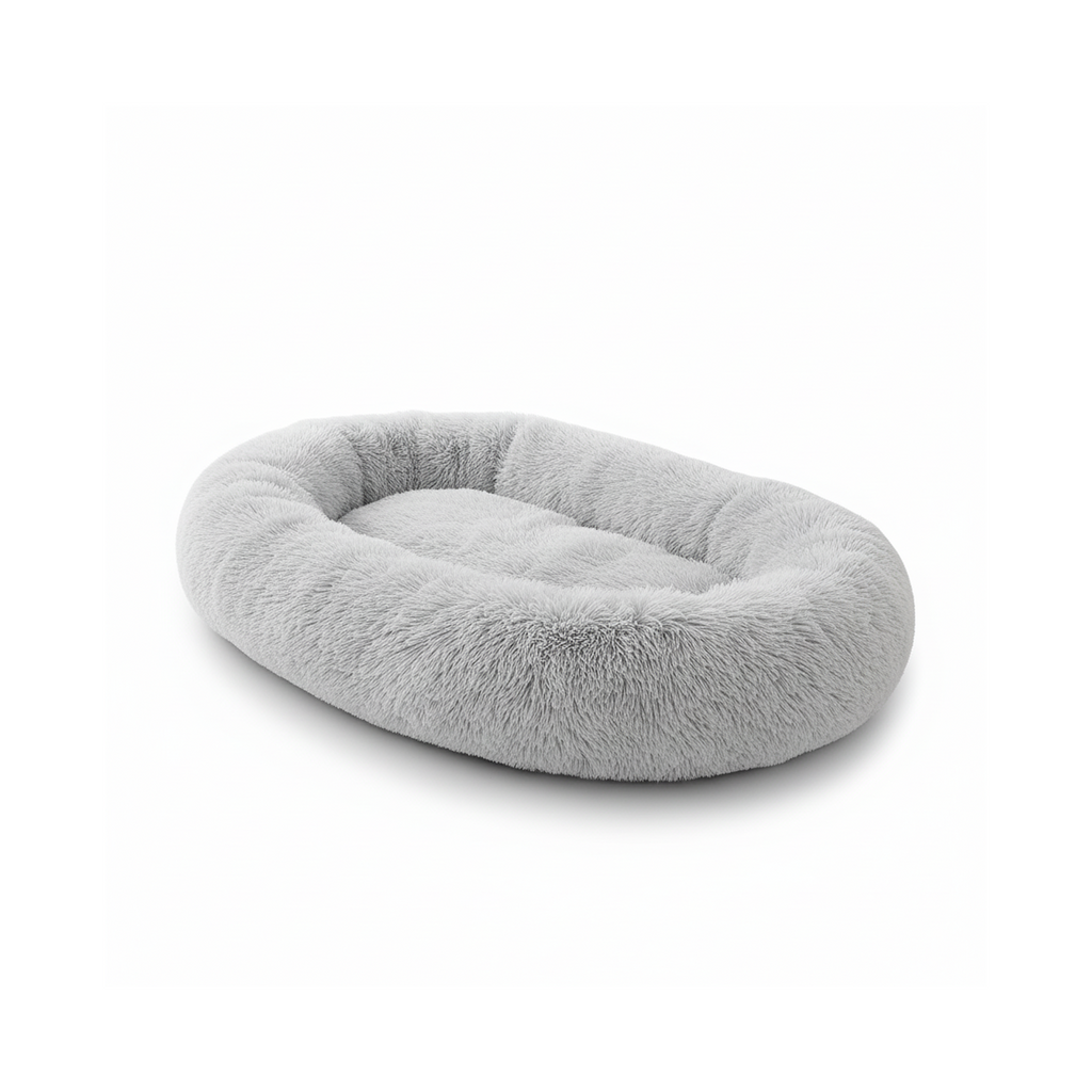 Soft gray oval plush pet bed for dogs and cats on white background