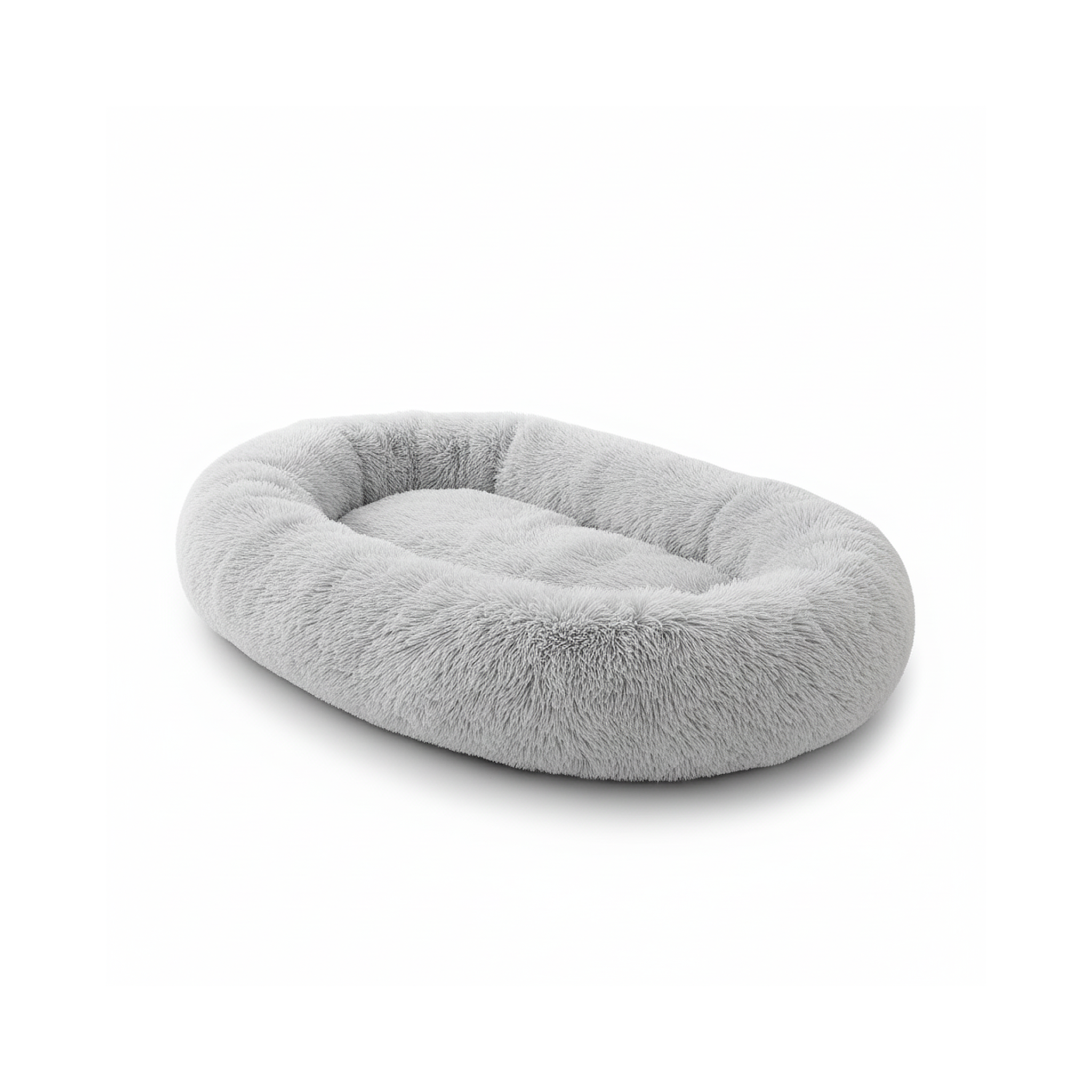 Soft gray oval plush pet bed for dogs and cats on white background