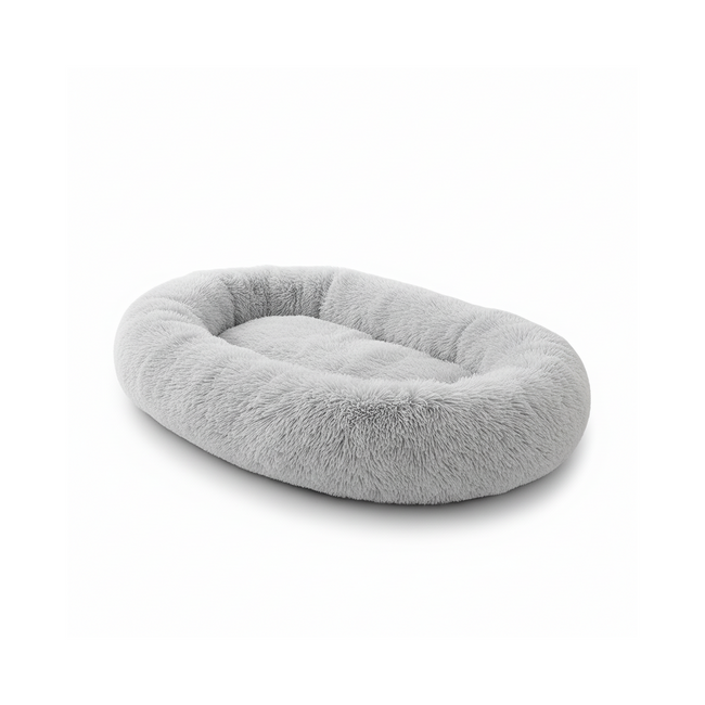 Soft gray oval plush pet bed for dogs and cats on white background Hover Image