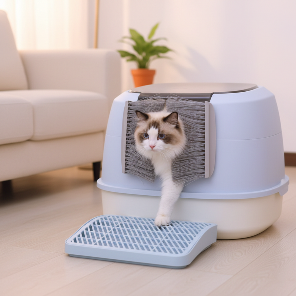 Automatic cleaning cat door brush for litter box entrance