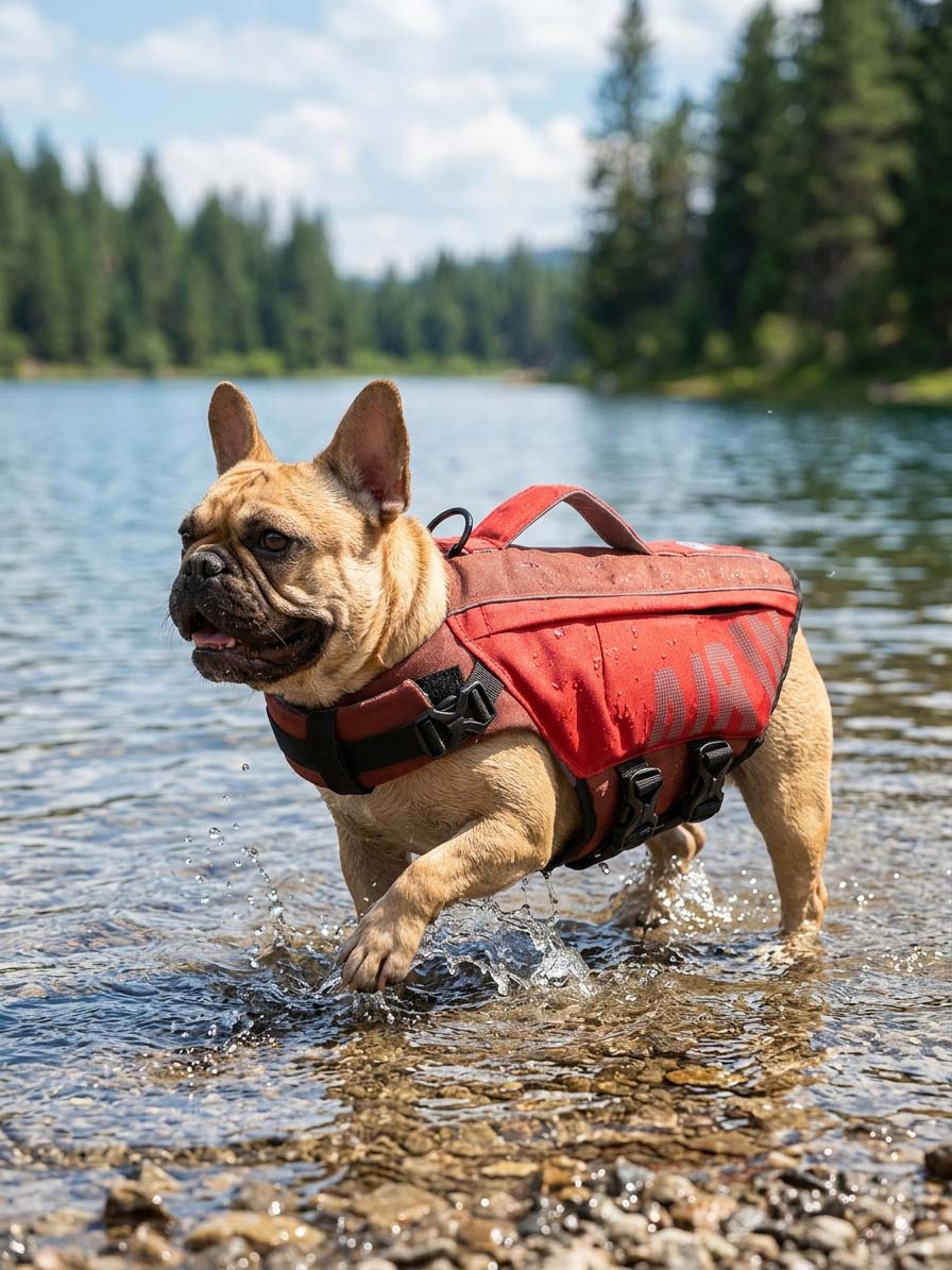 Dog wearing Tailooo dog life jacket on a lake vacation, kayaking and swimming with added buoyancy and safety support.
