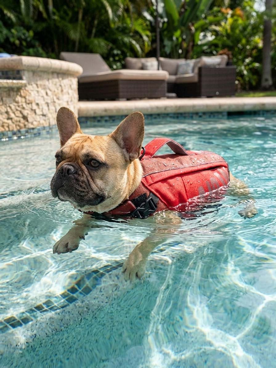 Dog wearing Tailooo dog life jacket in a swimming pool, ideal for swimming training, water safety, and summer fun.