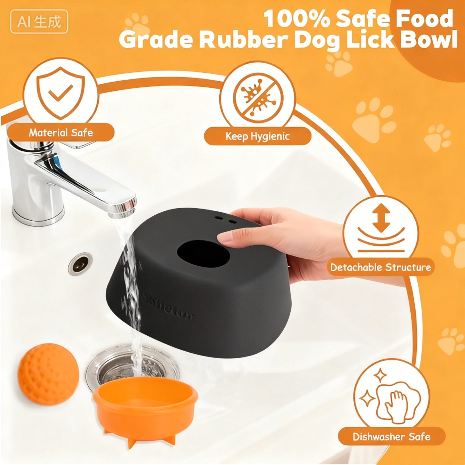 Black spill-proof slow-feeding spherical licking bowl