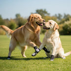 Two dogs wearing black paw print grip socks playing on green grass outdoors