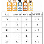 Dog paw sock size chart with XS to XL, showing paw width and sock length for each size.