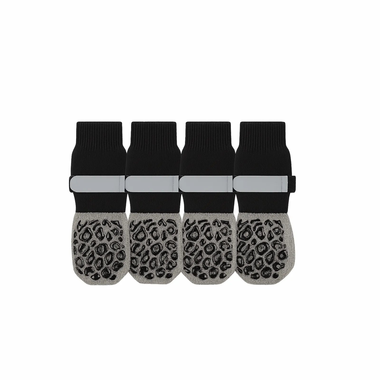 Set of four black and gray non-slip pet socks with paw grip pattern and reflective straps.