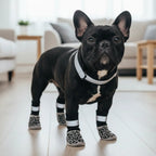 French bulldog indoors wearing leopard print non-slip dog socks with reflective stripes