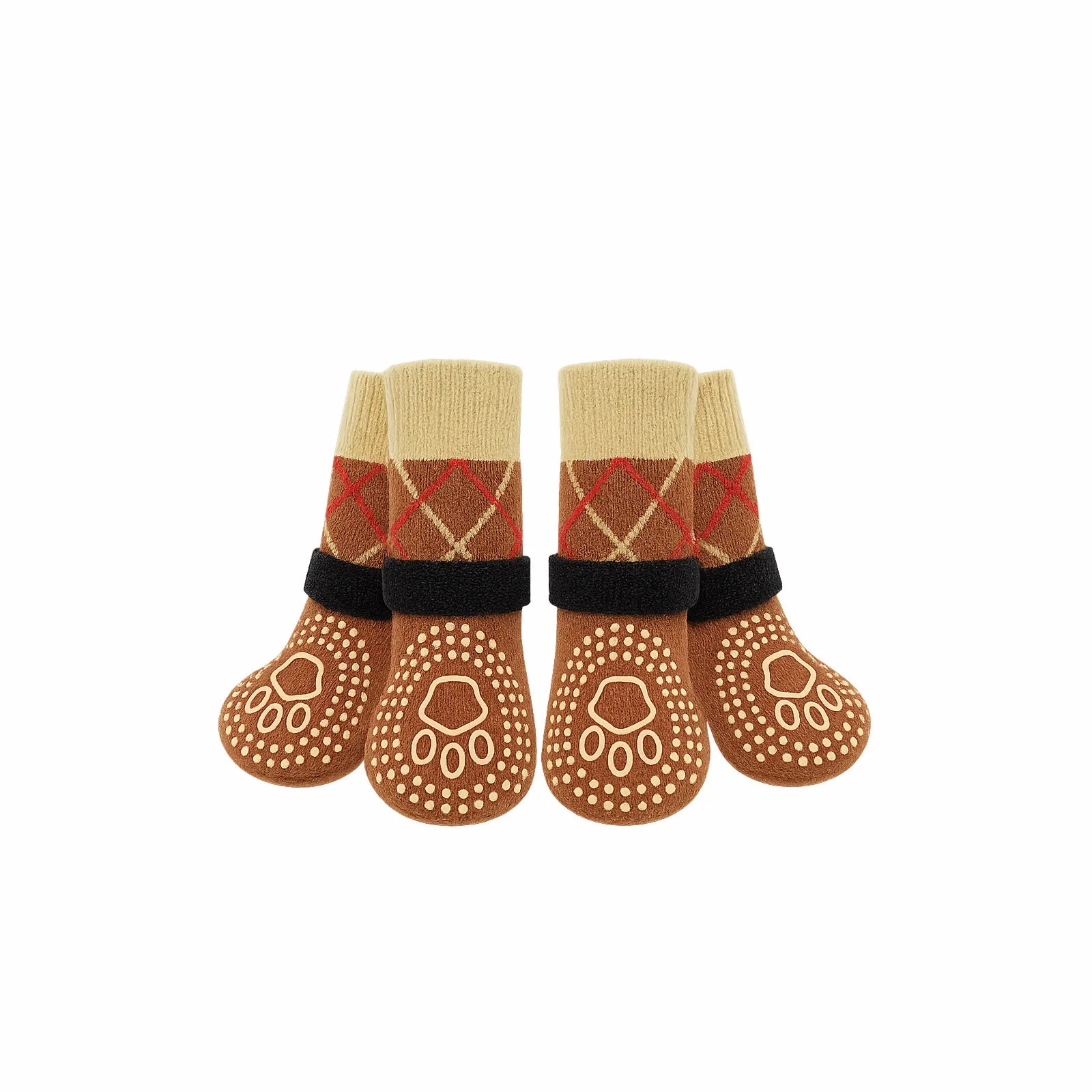 Set of four brown and beige argyle dog socks with non-slip paw grip soles
