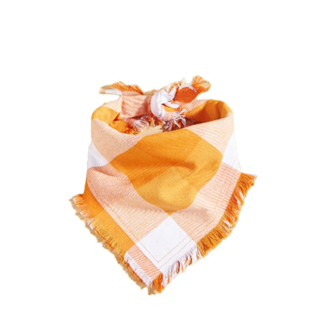 Orange and white plaid pet bandana with frayed edges on a white background Hover Image