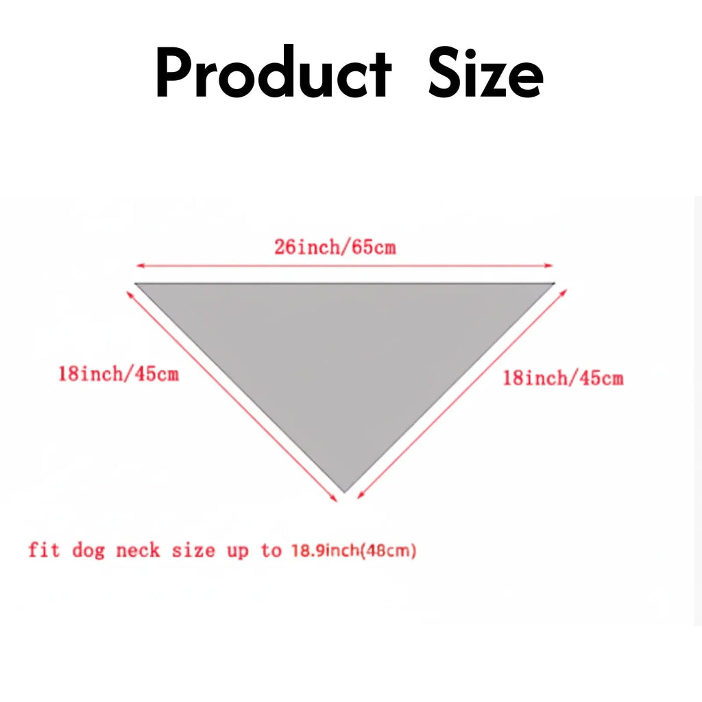 Dog bandana size chart with triangle dimensions and neck size guide in inches and centimeters