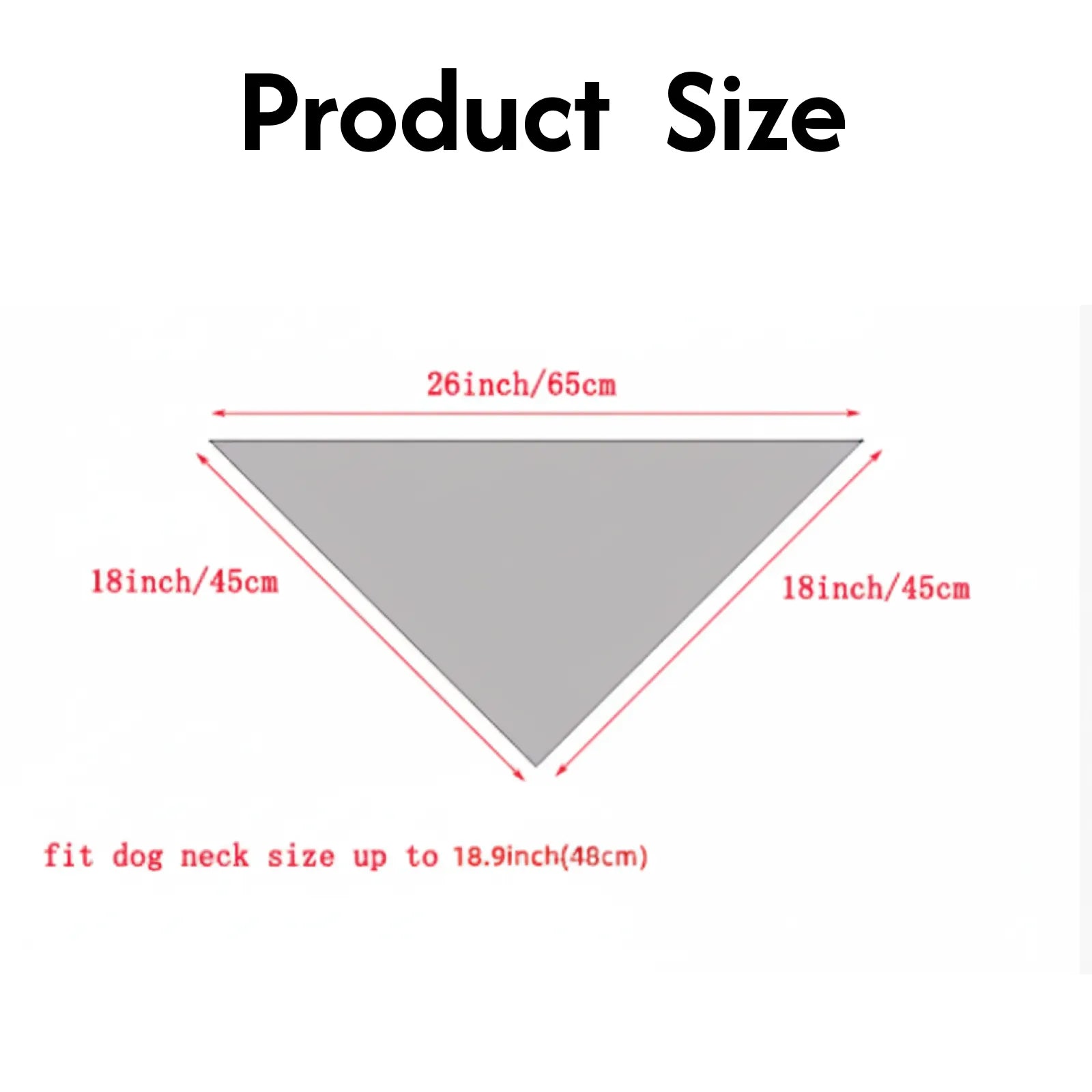 Dog bandana size chart with triangle dimensions and neck size guide in inches and centimeters