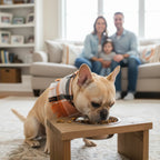 French bulldog eating from elevated dog bowl in a cozy living room with family in background.