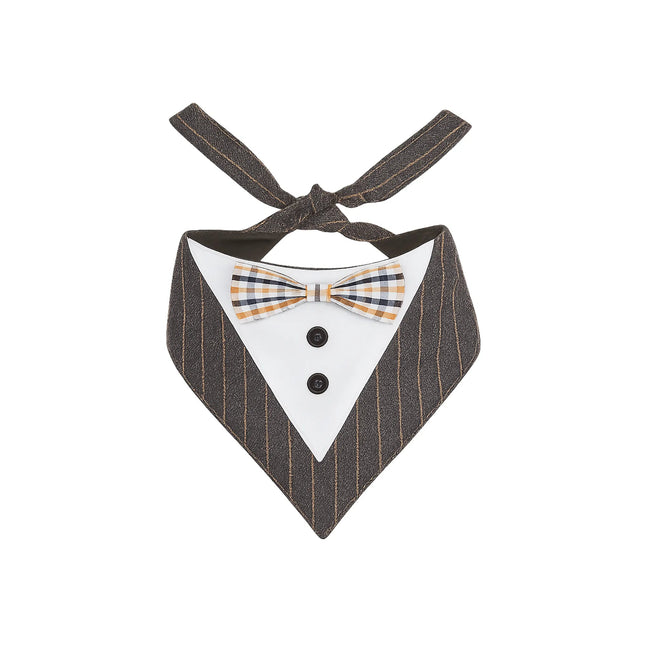 Pet bandana bib with pinstripe tuxedo design and plaid bow tie on white background Hover Image