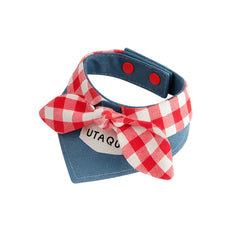 Cotton Denim Dog Bandana Collar – Adjustable Pet Scarf with Plaid Bow, Stylish Neck Accessory for Cats & Dogs