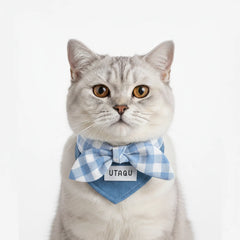 Cotton Denim Dog Bandana Collar – Adjustable Pet Scarf with Plaid Bow, Stylish Neck Accessory for Cats & Dogs
