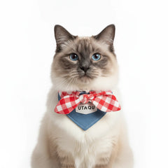 Cotton Denim Dog Bandana Collar – Adjustable Pet Scarf with Plaid Bow, Stylish Neck Accessory for Cats & Dogs