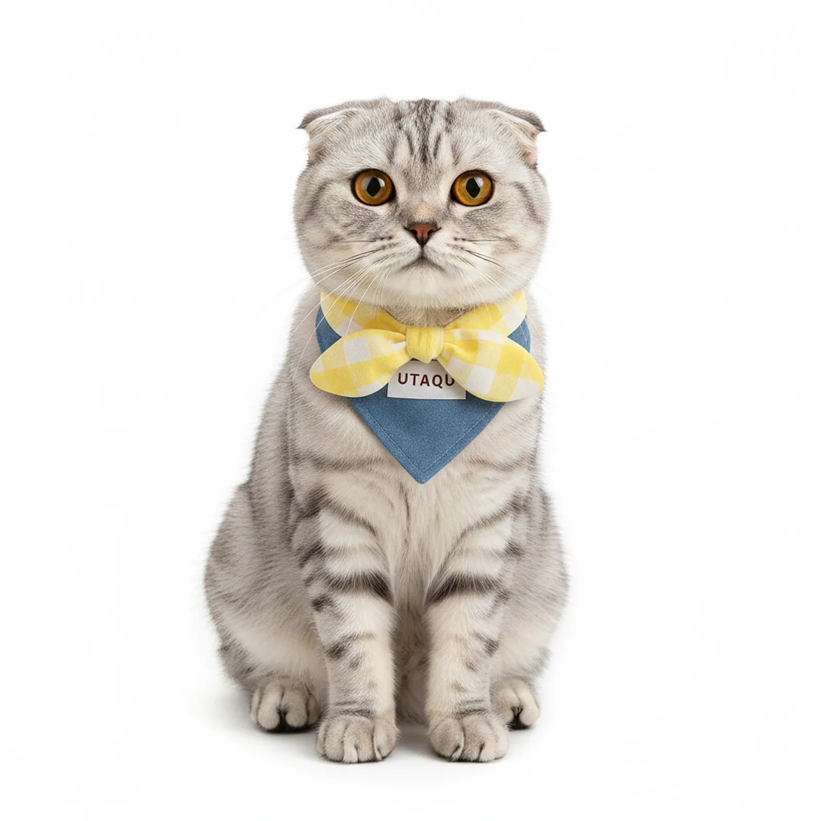Cotton Denim Dog Bandana Collar – Adjustable Pet Scarf with Plaid Bow, Stylish Neck Accessory for Cats & Dogs