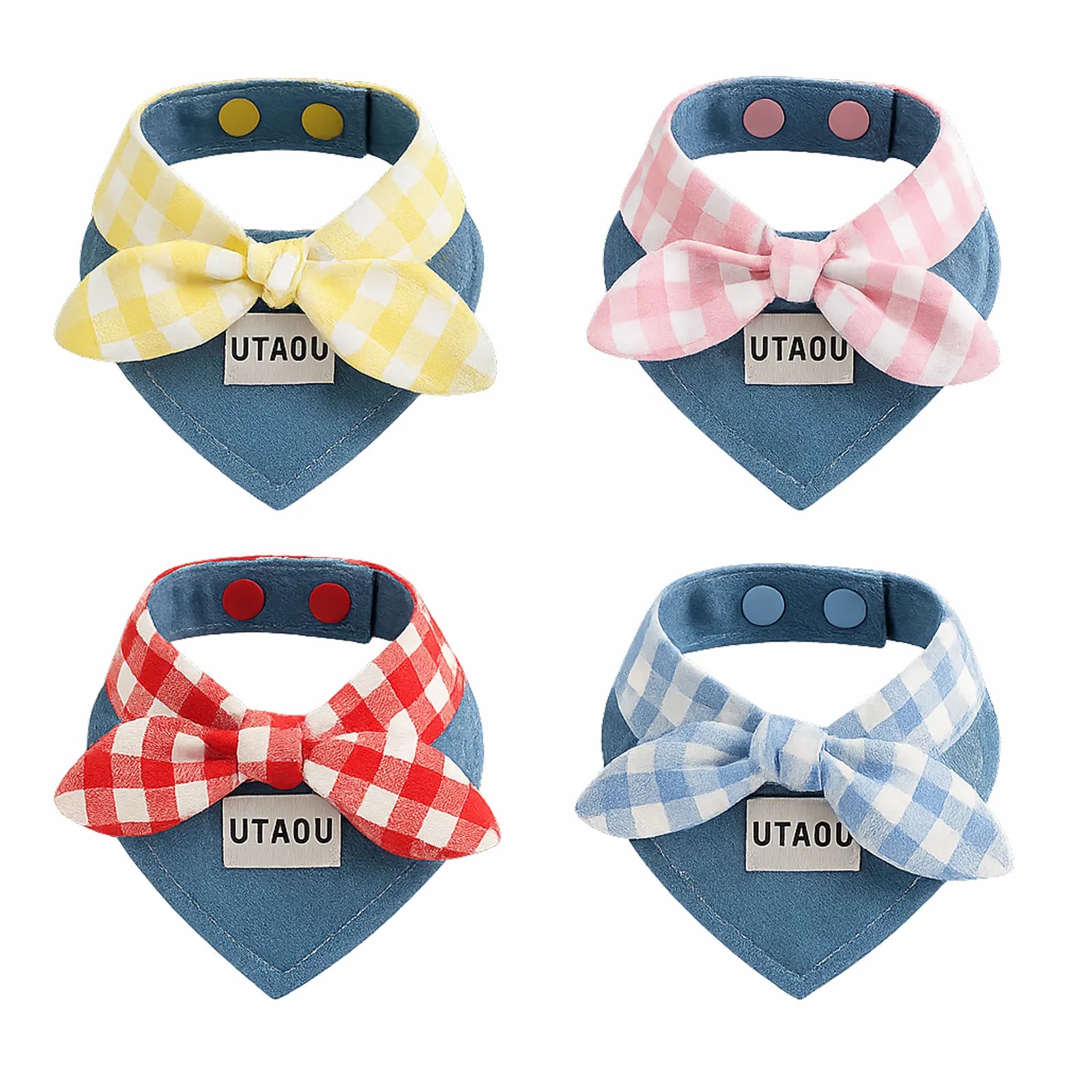 Cotton Denim Dog Bandana Collar – Adjustable Pet Scarf with Plaid Bow, Stylish Neck Accessory for Cats & Dogs