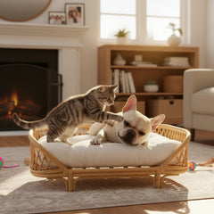 Handmade Rattan Pet Bed – Eco-Friendly Wicker Cat & Dog Sofa, Durable Breathable Pet Furniture with Cushion