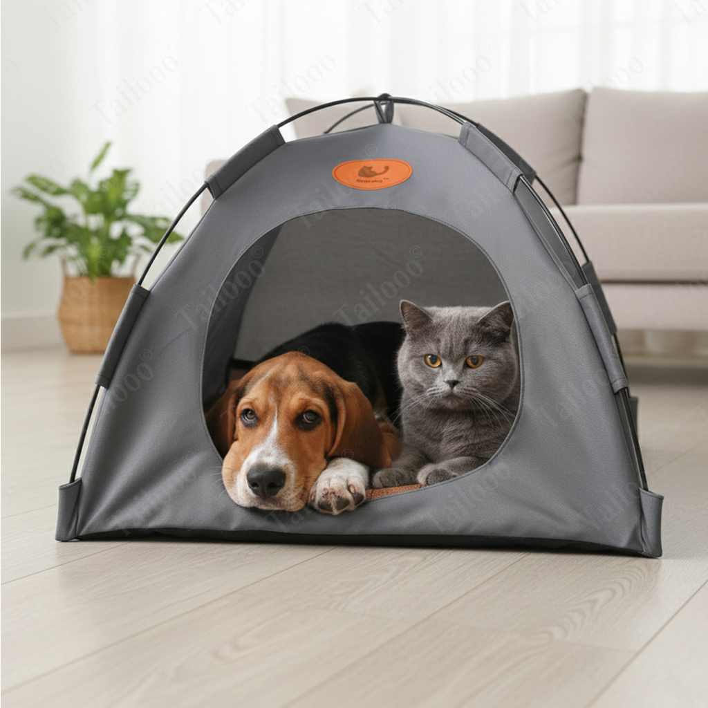 Detachable Foldable Pet Tent Bed – Breathable Fabric Cat & Dog Bed for Indoor & Outdoor Use（Gray ）