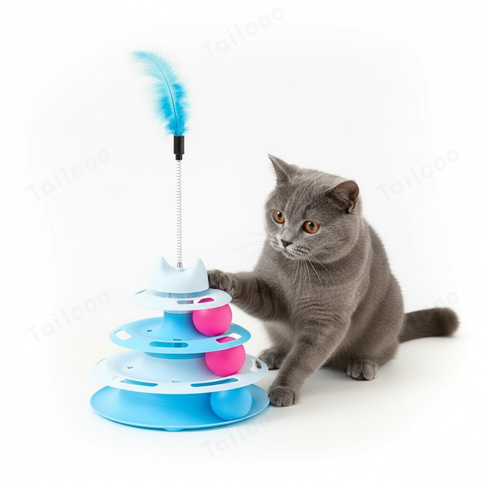 4-Tier Cat Ball Track Toy with Feather – Blue