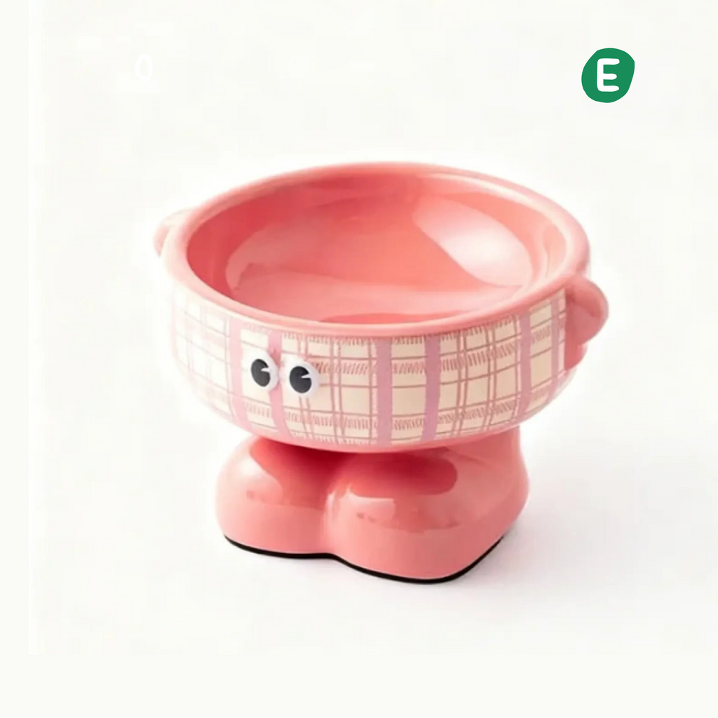 Ceramic Cartoon Elevated Pet Bowl – Pink Plaid