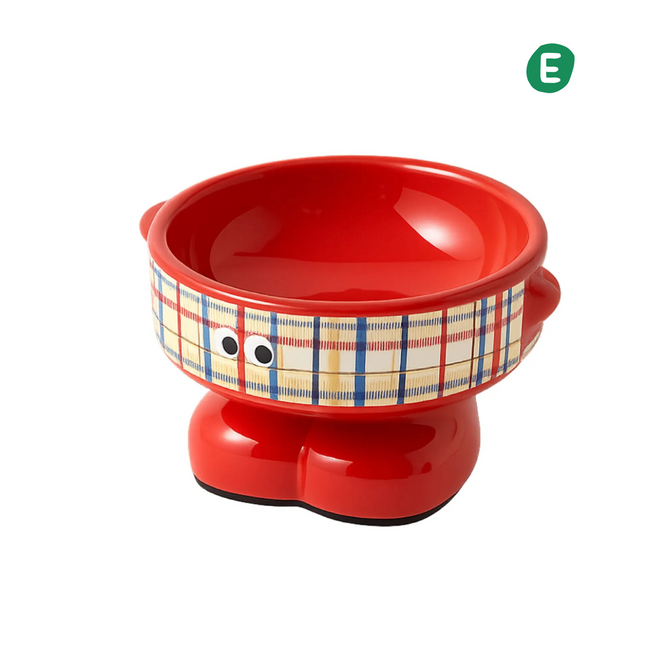 Ceramic Cartoon Elevated Pet Bowl – Red Checkered Hover Image