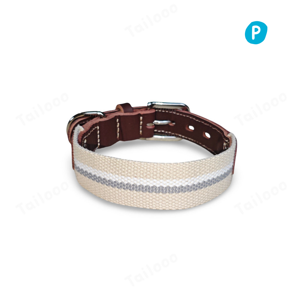 Woven Cotton & Leather Dog Collar– Adjustable, Soft & Durable Design（Beige）