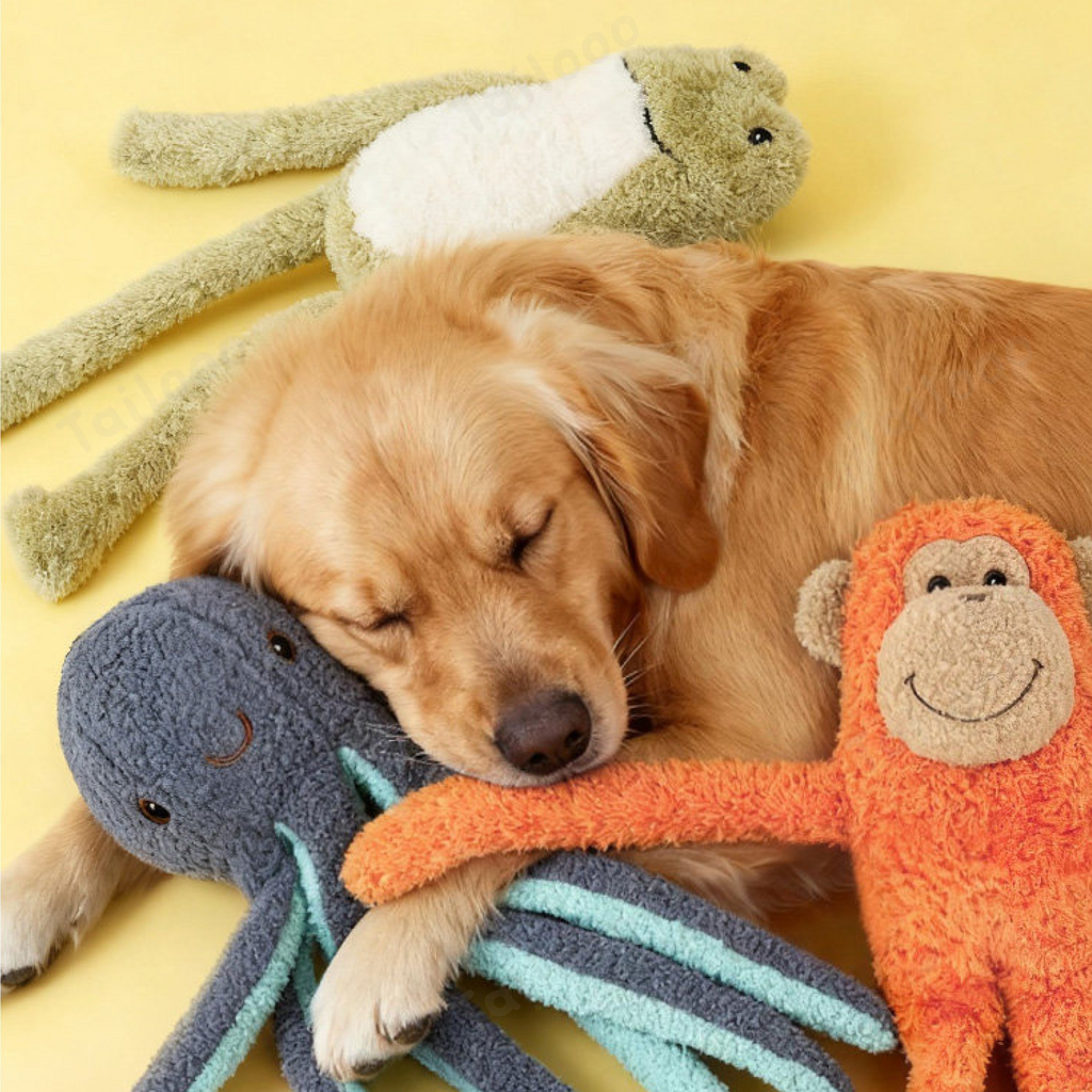 Orange Monkey Plush Dog Toy with Squeaker and Crinkle