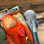 Orange Monkey Plush Dog Toy with Squeaker and Crinkle