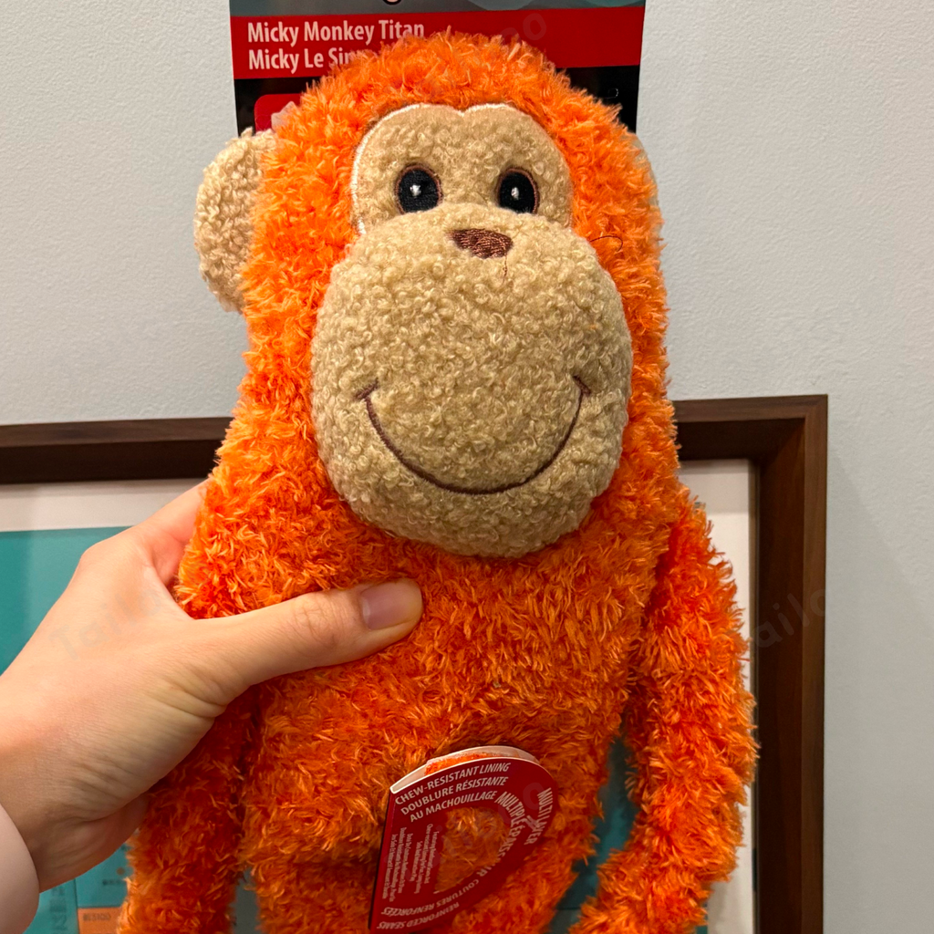 Orange Monkey Plush Dog Toy with Squeaker and Crinkle