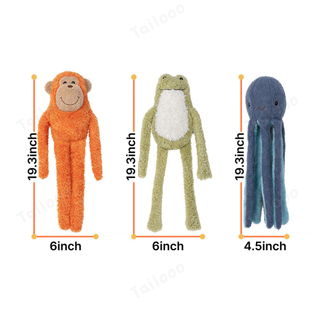 Orange Monkey Plush Dog Toy with Squeaker and Crinkle