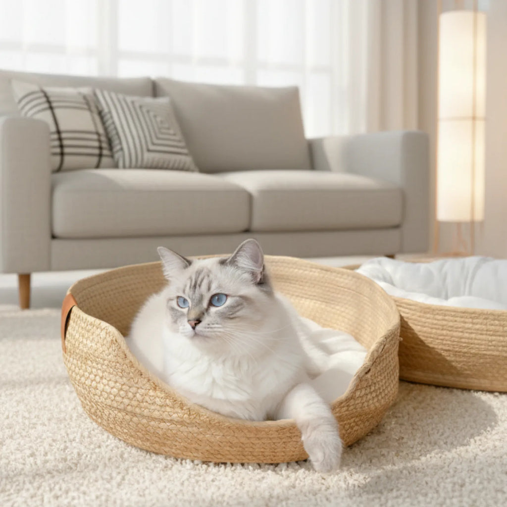Woven Rattan Pet Bed with Cushion for Puppies & Kittens