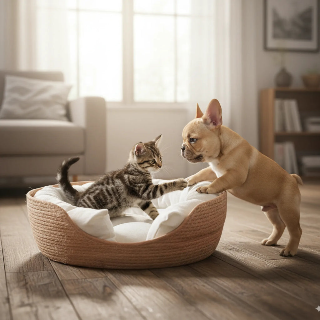 Woven Rattan Pet Bed with Cushion for Puppies & Kittens