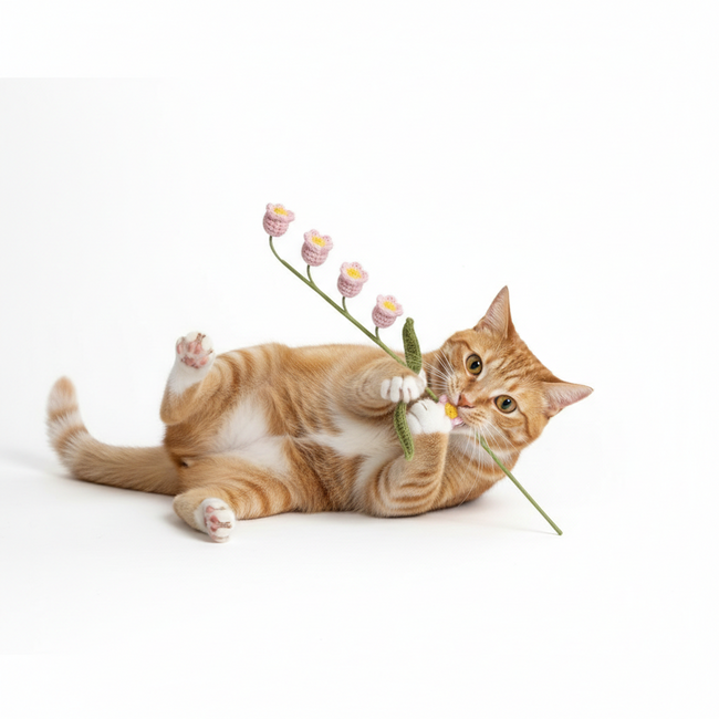 Handmade Crochet Lily of the Valley Cat Teaser Wand – Yellow Main Image
