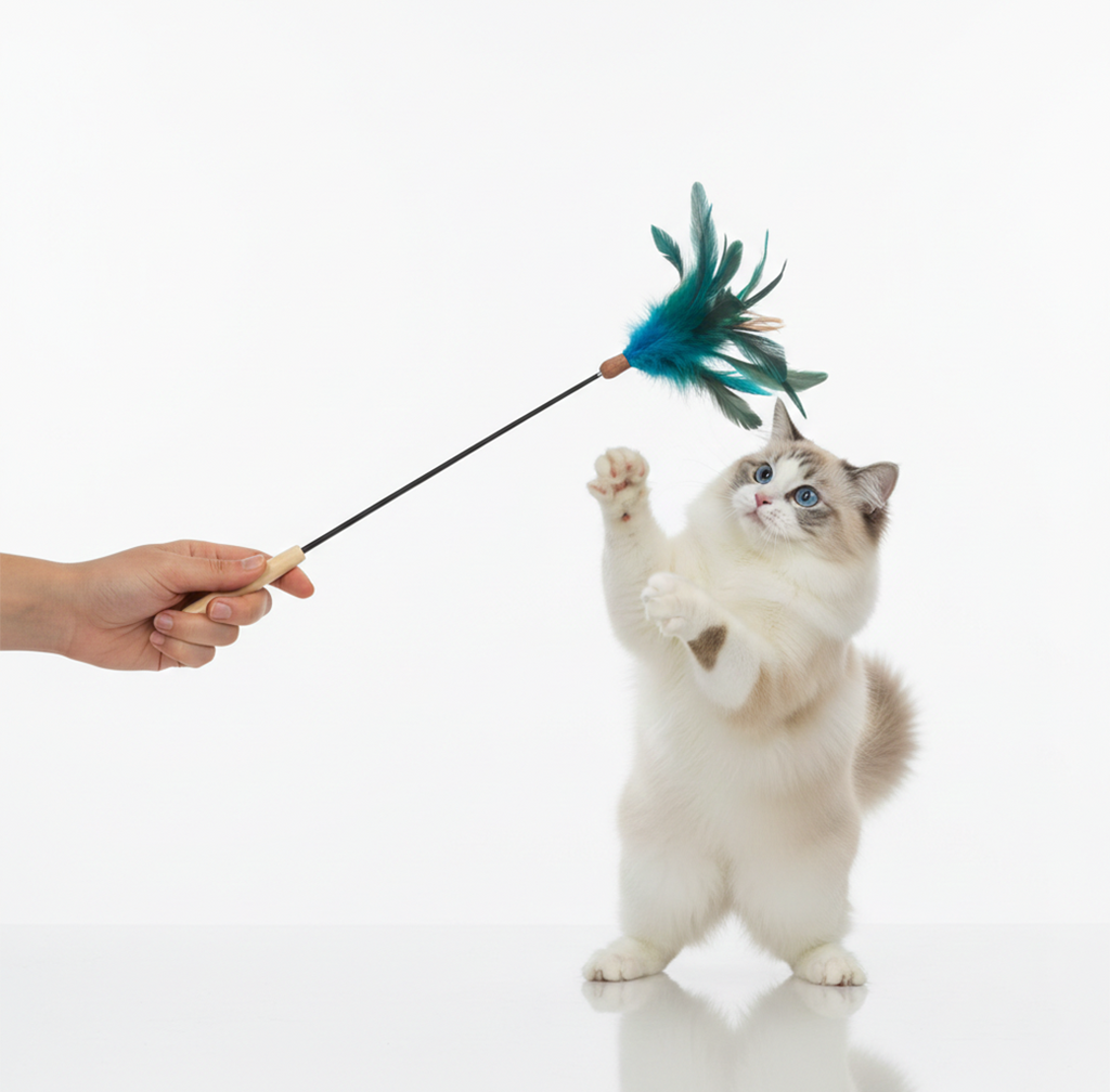 Natural Bird Feather Cat Teaser Wand – Blue Feather
