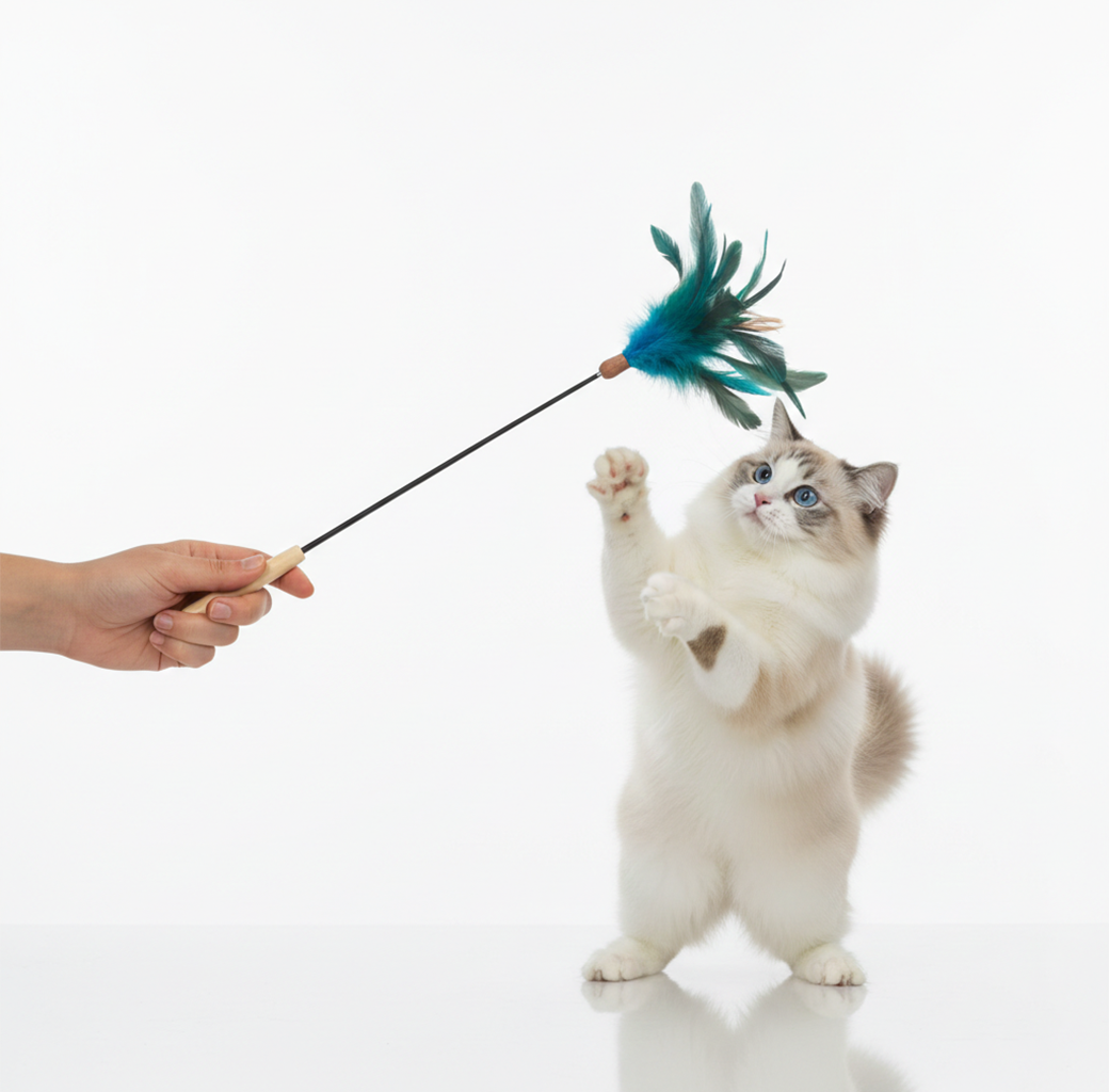 Natural Bird Feather Cat Teaser Wand – Blue Feather