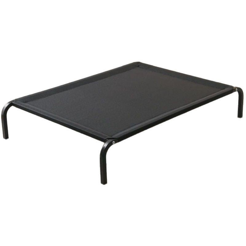 Black elevated pet bed with sturdy metal frame and breathable mesh center