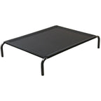 Black elevated pet bed with sturdy metal frame and breathable mesh center