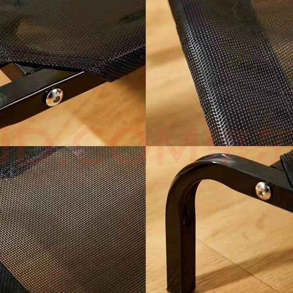 Close-up of elevated breathable mesh pet bed frame with black metal legs on wood floor