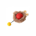 A close-up view of an active rolling ball toy with a plush mouse-shaped attachment and fuzzy teaser tail, featuring a glowing LED light for smart interaction and a soft, chewable texture for feline enrichment.