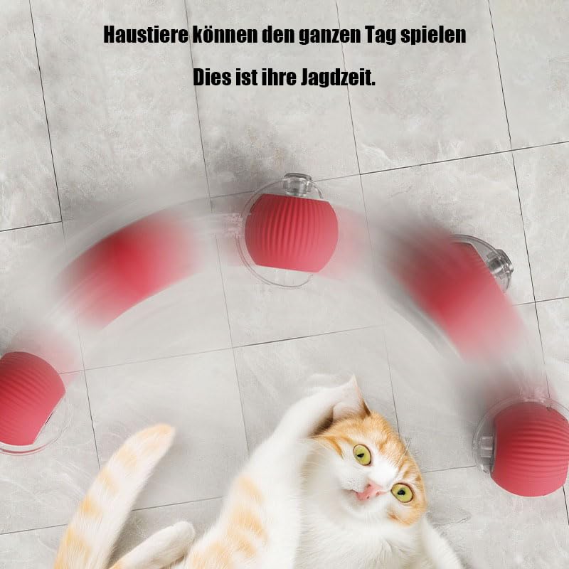 A fast-rolling active ball toy with a blurry tail being chased by an excited kitten on a wooden floor, highlighting high-speed movement and mental stimulation for feline enrichment.