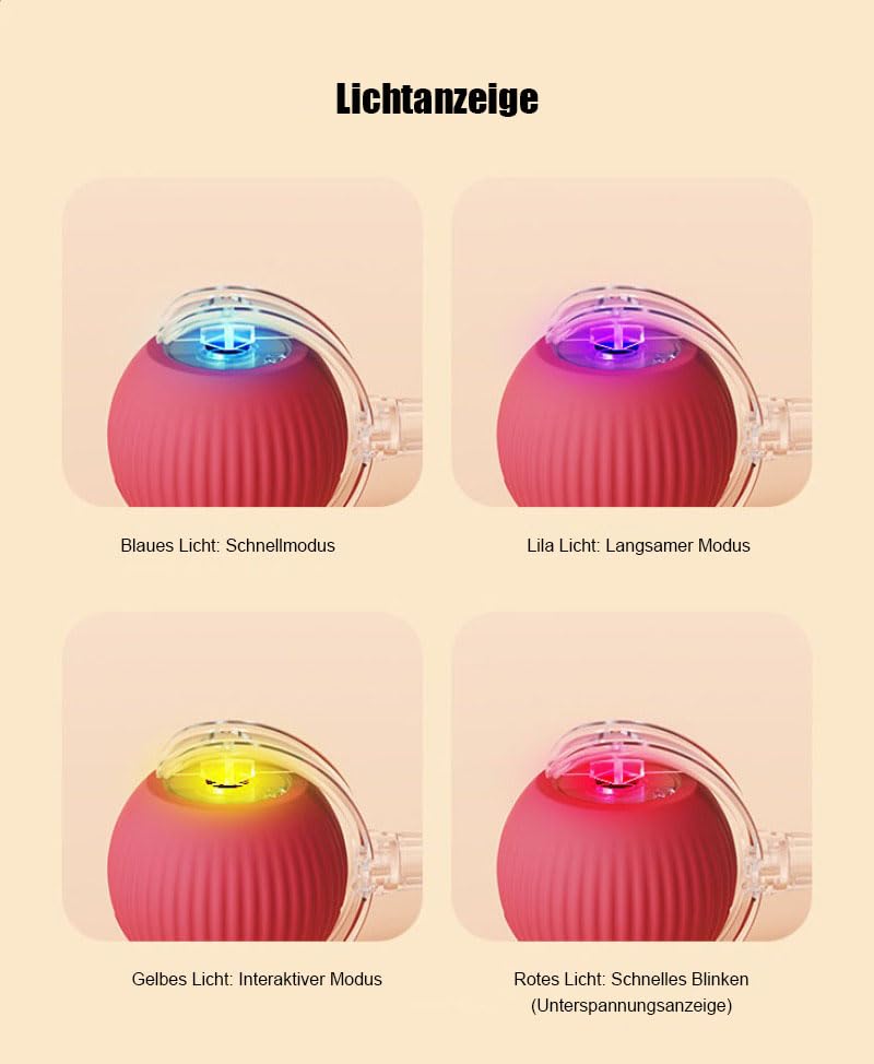 Smart LED light indicator for dog puzzle toy: Blue for Fast Mode, Purple for Slow Mode, Yellow for Interactive Mode,