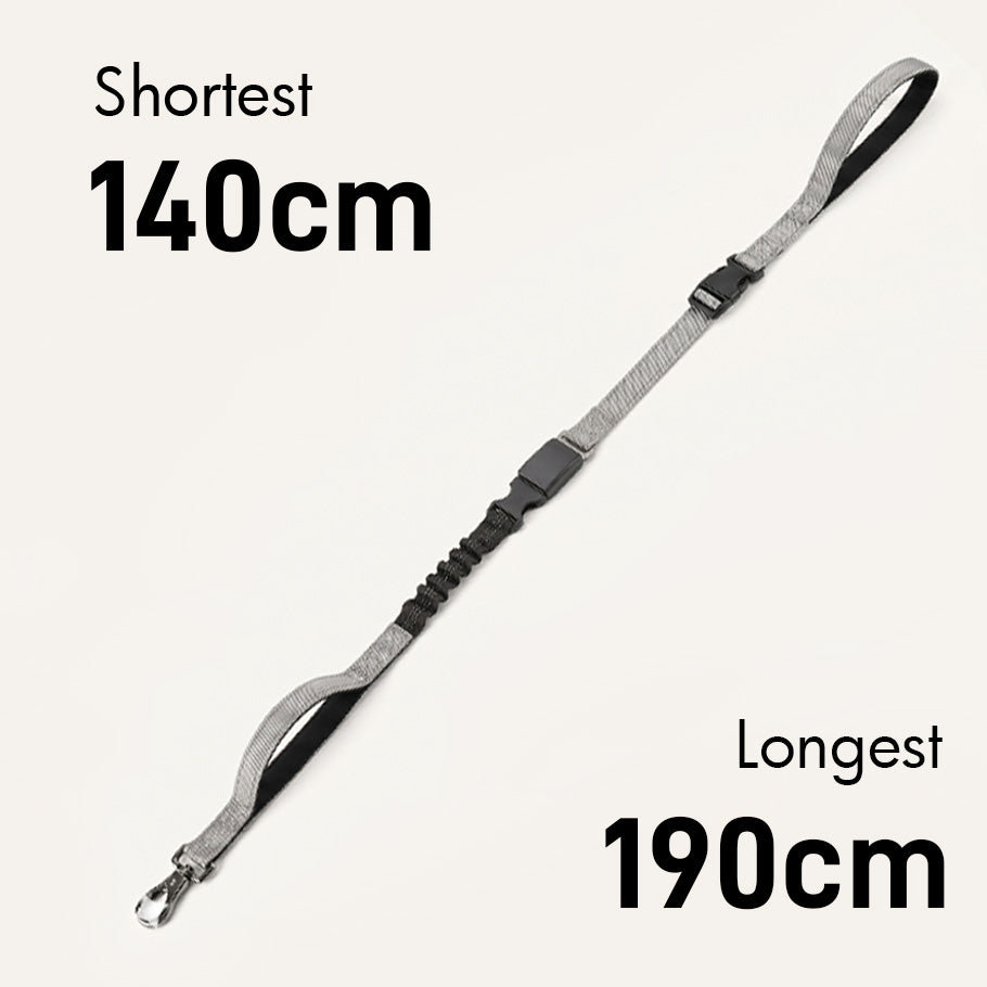 Adjustable multifunctional dog lead with bungee shock absorption, length adjustable from 140cm to 190cm, suitable for different walking needs.