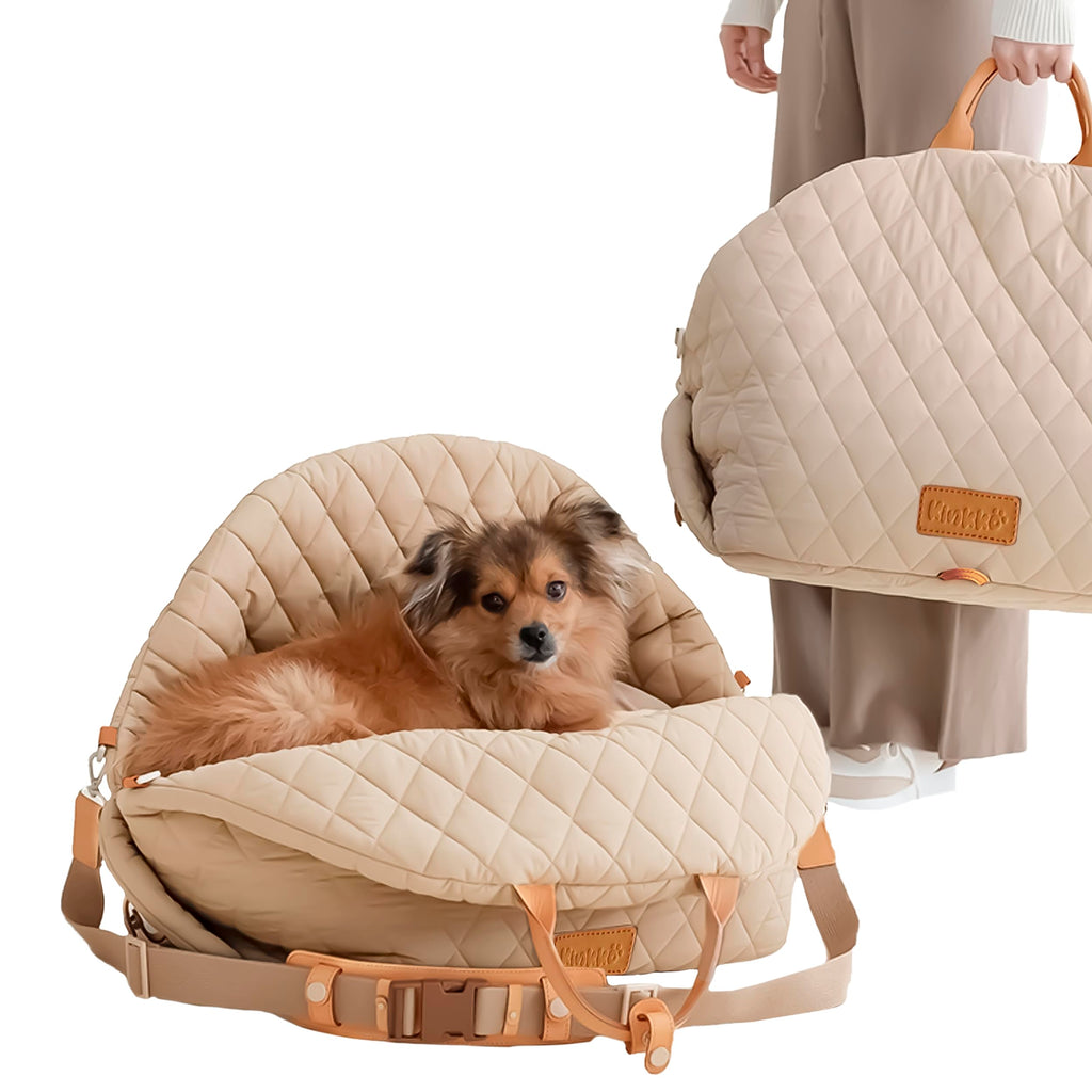 The cozy beech dog car seat transformed into a comfortable temporary pet bed during an outdoor picnic break.