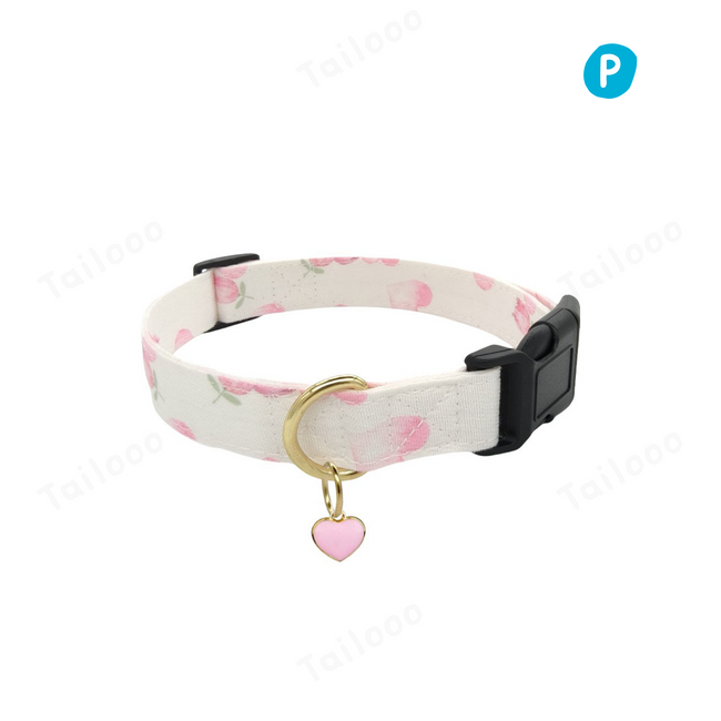 Elegant British dog collar with sunflower pattern, made of breathable cotton with a quick-release safety buckle for premium comfort.（love） Hover Image