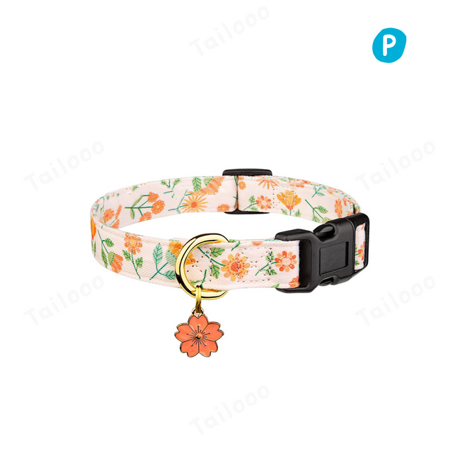 Elegant British dog collar with sunflower pattern, made of breathable cotton with a quick-release safety buckle for premium comfort.（Orange sunflower） Hover Image