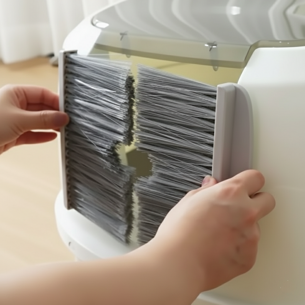 Automatic cleaning cat door brush for litter box entrance