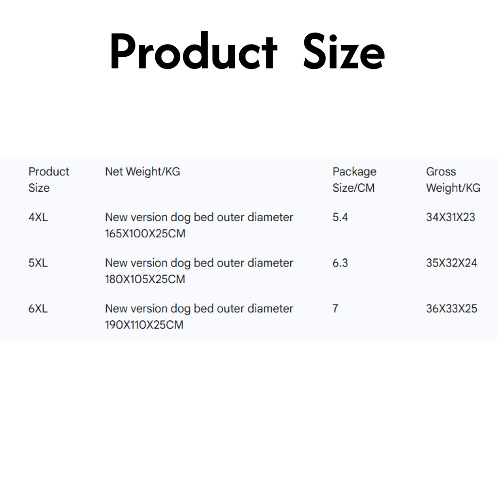 Dog bed size chart for 4XL, 5XL, 6XL with dimensions and weights in CM and KG.